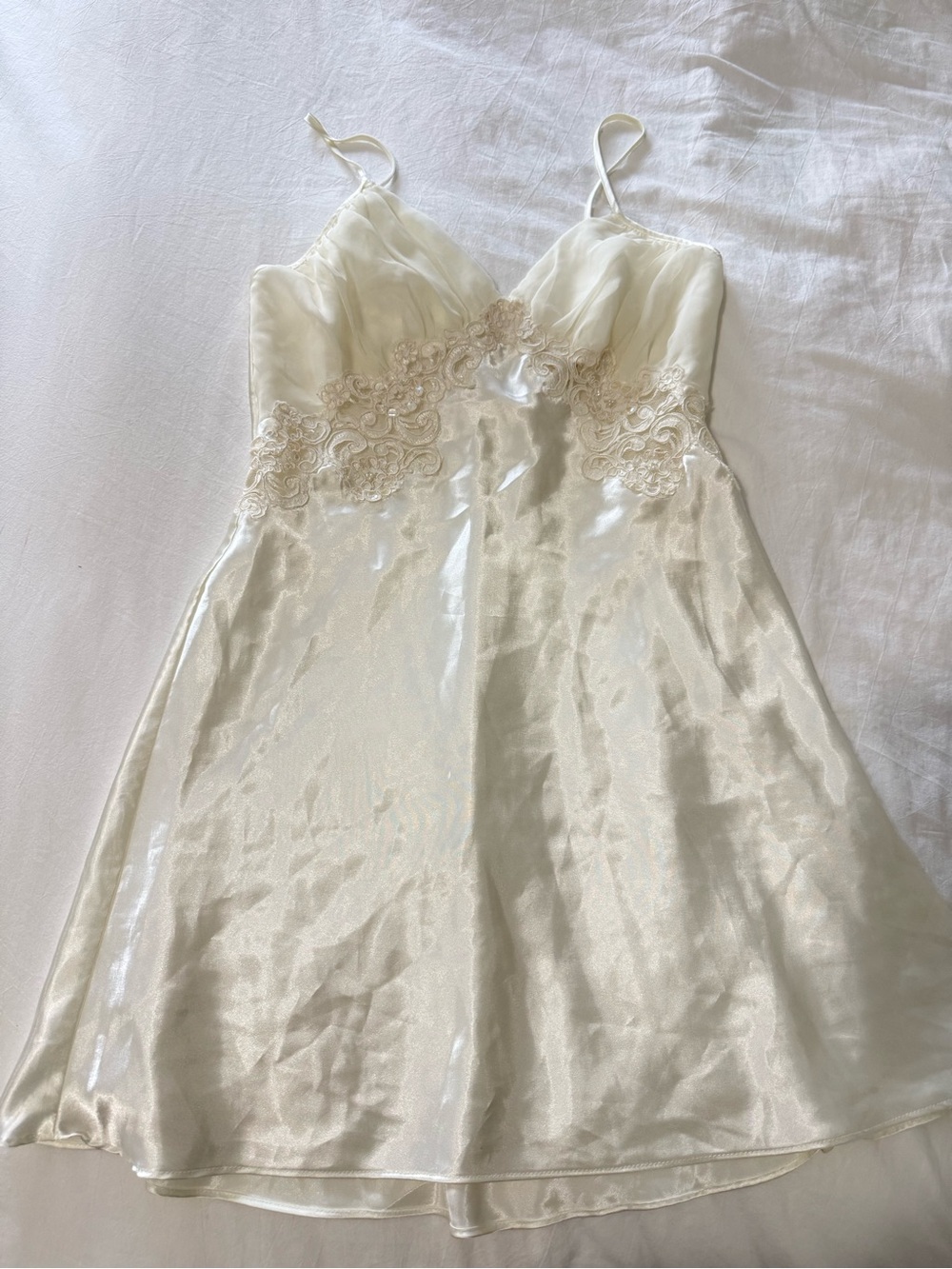 Vintage Victoria's Secret Ivory Satin Slip with Lace & Sequins Size M